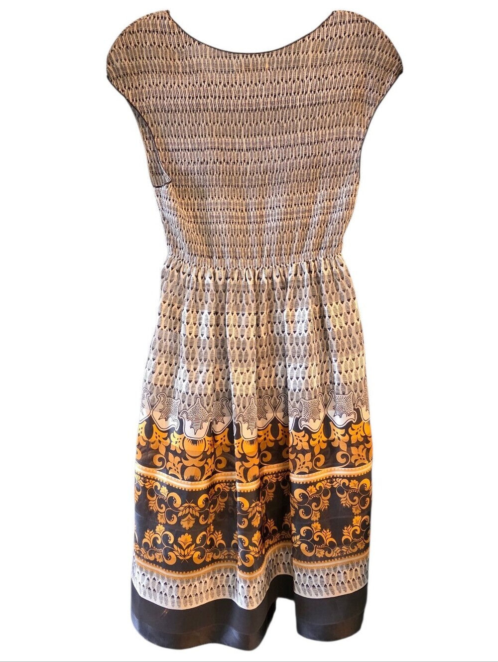 Max Studio Specialty Cap-Sleeve Midi Dress with Gold Scroll Border Size Medium - Picture 3 of 9